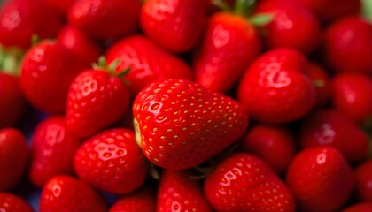 Close-up shot of a pile of fresh, ripe red strawberries