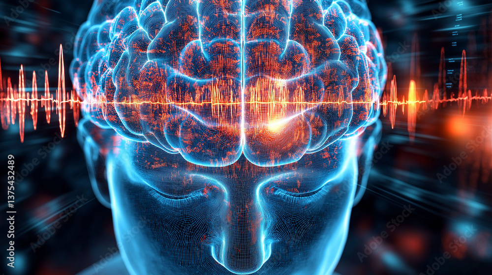 Poster alpha wave brain focus. relaxation therapy. eeg cognitive. 3d render of alpha waves flowing through 