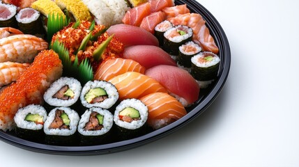 A vibrant platter of assorted sushi, featuring various types including nigiri and maki, artfully arranged for an appealing presentation.
