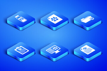 Set Medical certificate for dog or cat, Pets vial medical, Clinical record pet on monitor, , and veterinary folder icon. Vector