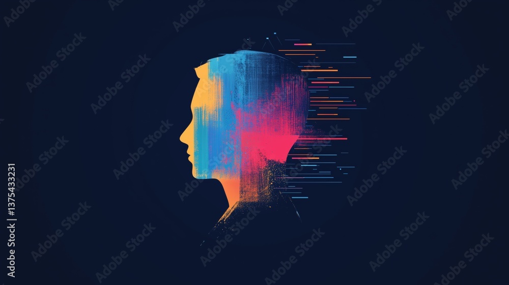 Poster abstract digital profile with vibrant colors and data-like patterns. mental health awareness