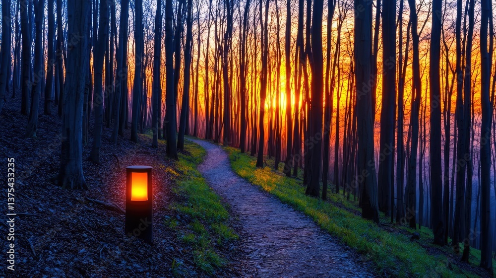 Poster forest at sunset rays illuminate serene pathway in twilight concept. a tranquil forest path illumina