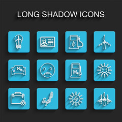 Set line Car battery with recycle, Signature, Light bulb wind turbine, Solar energy panel, Wind turbines, Sad smile, Cute sun and Hydrogen filling station icon. Vector