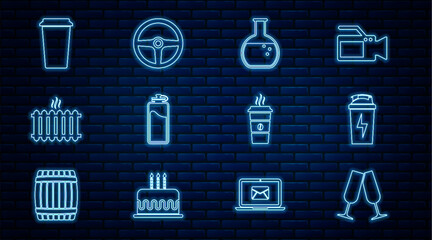 Set line Glasses of champagne, Fitness shaker, Test tube and flask, Sport bottle with water, Heating radiator, Coffee cup, and Steering wheel icon. Vector