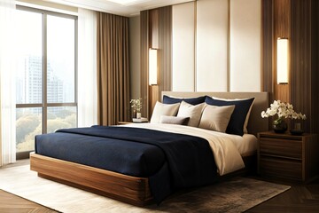 Fototapeta premium modern luxury bedroom with elegant wood accents and soft lighting design. 