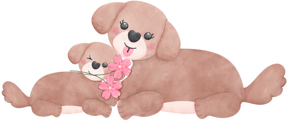 Mother's Day dog mom and Puppy holding a flower in watercolor style illustration