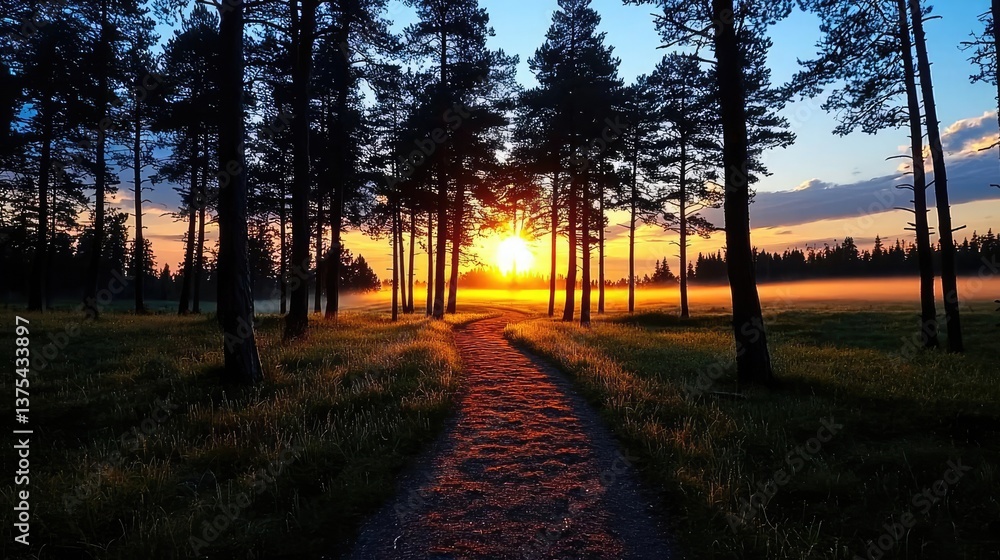 Poster forest at sunset rays illuminate serene pathway in twilight concept. a tranquil sunset view through 