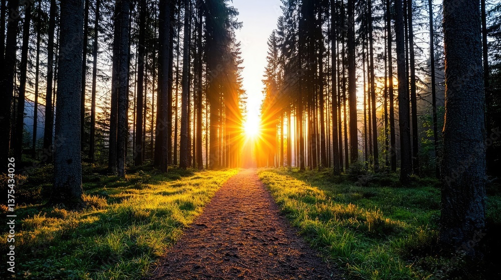 Poster forest at sunset rays illuminate serene pathway in twilight concept. serene forest path illuminated 