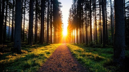 Fototapeta premium Forest at sunset rays illuminate serene pathway in twilight concept. Serene forest path illuminated by a golden sunrise.