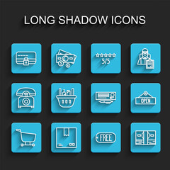 Set line Shopping cart, Cardboard box with traffic symbol, Credit card lock, Price tag text Free, Stacks paper money cash, basket and food, Hanging sign Open and Bank check icon. Vector