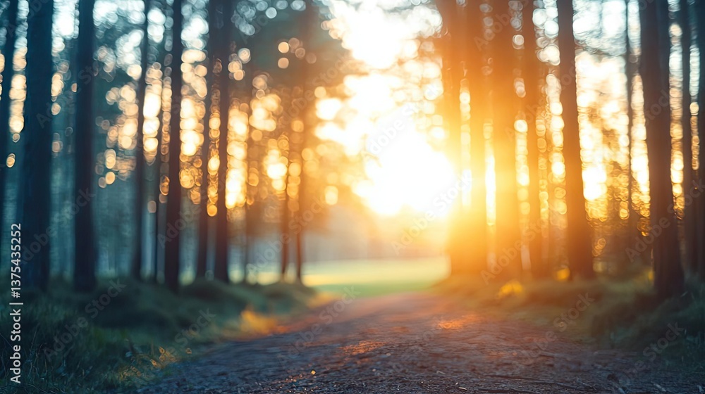Poster forest at sunset rays illuminate serene pathway in twilight concept. a serene forest path illuminate