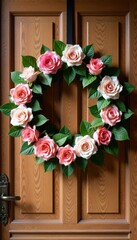 Delicate Floral Wreath on Wooden Door , wreath, flowers