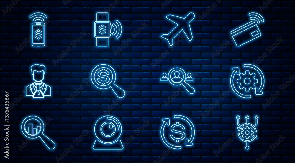 Poster set line algorithm, gear and arrows as workflow, plane, magnifying glass dollar, scientist test tube