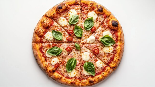 A delicious pizza topped with fresh basil and mozzarella cheese, beautifully arranged in an inviting circular layout.