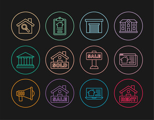 Set line Hanging sign with Rent, Online real estate house, Garage, text Sold, Museum building, Search, Sale and House contract icon. Vector