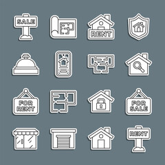 Set line Hanging sign with Rent, For Sale, Search house, Online real estate, Hotel service bell, and House plan icon. Vector