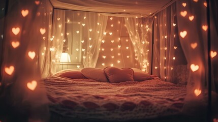 A romantic canopy bed decorated with lovely heart shaped lights
