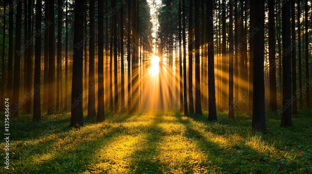 Poster forest at sunset rays illuminate serene pathway in twilight concept. serene forest scene with sunbea