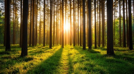 Naklejka premium Forest at sunset rays illuminate serene pathway in twilight concept. Sunlight filters through tall trees in a serene forest scene.
