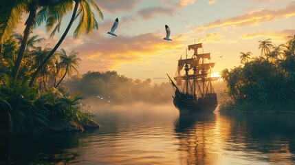 Obraz premium a painting of a pirate ship in the ocean with the sun setting in the background, gothic ship on ocean