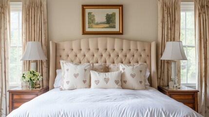 A well decorated bedroom with a comfortable bed and pillows