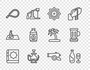 Set line Holy book of Koran, Wine bottle with glass, Octagonal star, Hookah, Rosary beads religion, Bottle water, Ramadan cannon and Medieval goblet icon. Vector