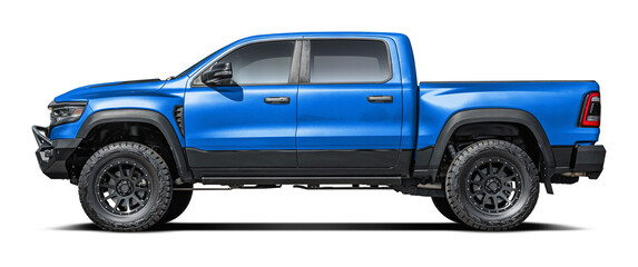 Modern powerful American light blue pickup truck, side view in png format.