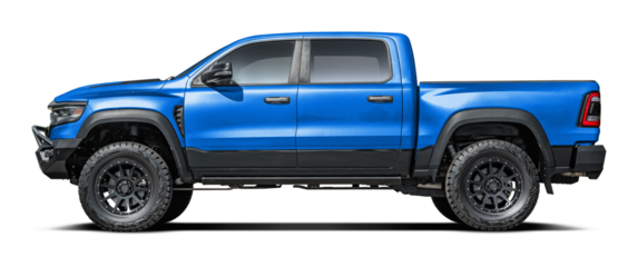 Modern powerful American light blue pickup truck, side view in png format.