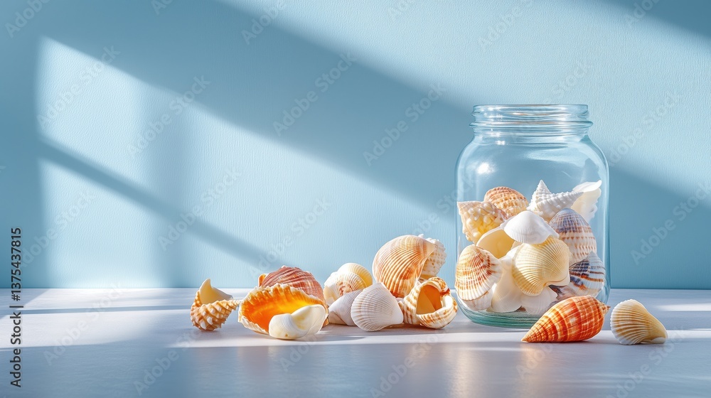 Aufkleber shells in jar on white surface with blue background and shadow patterns