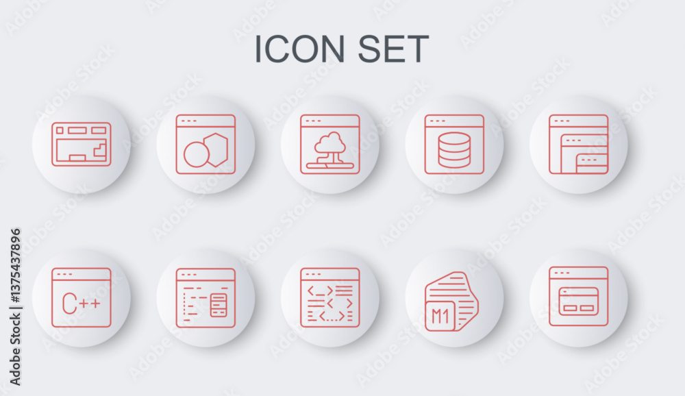 Poster set line search engine, software, cloud technology data transfer, processor, keyboard, and icon. vec