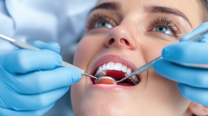 Oral care gum preventive health Dental professional examines patient’s teeth with tools.