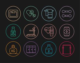 Set line Sport horizontal bar, Energy drink, Towel hanger, Treadmill machine, Vitamins, Bathroom scales, Smart watch with heart and Dumbbell icon. Vector