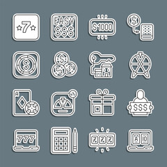 Set line Online poker table game, Winner holding prize ticket, Lucky wheel, Money casino, Casino chip with dollar, Coin money, slot machine and Winning house key icon. Vector