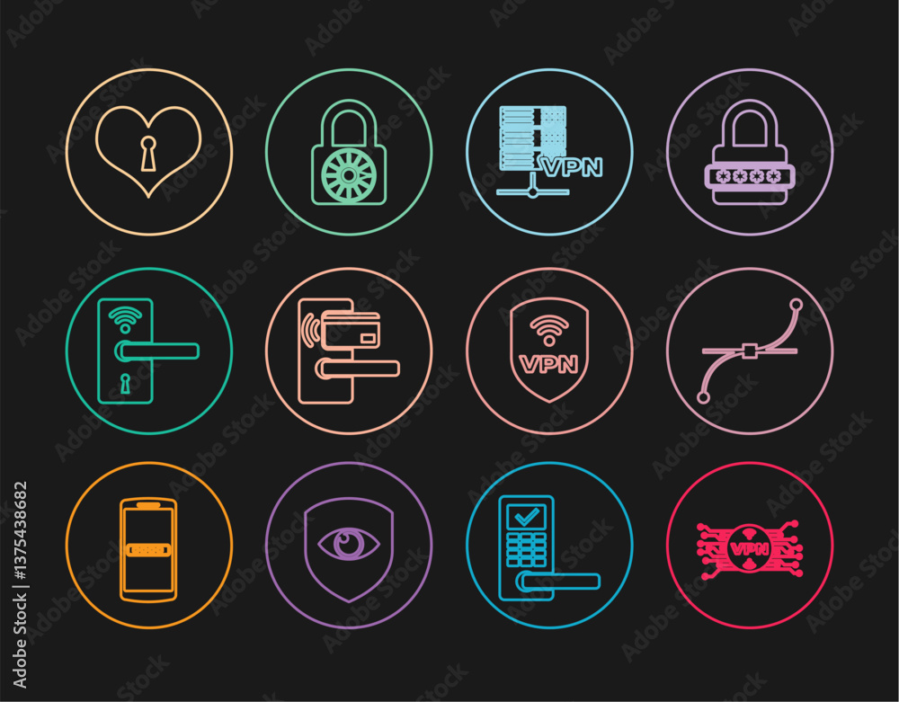 Poster set line vpn with microchip circuit, bezier curve, server, digital door lock wireless, heart keyhole