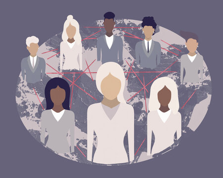 Illustration of diverse businesspeople connected globally in a network