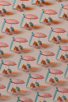 Pattern of beach umbrellas, surfboards, and deck chairs in a summer vacation theme