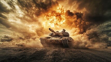 a close up of a tank with a gun on a desert field, futuristic battle tank, futuristic tank is on fire