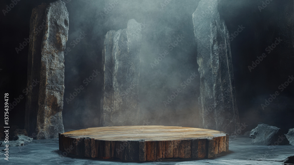 Poster wooden podium stands prominently in mystical setting surrounded by towering stone structures, shroud