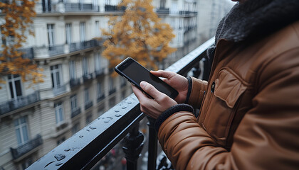 Person Using Smartphone on Rainy Balcony Overlooking City