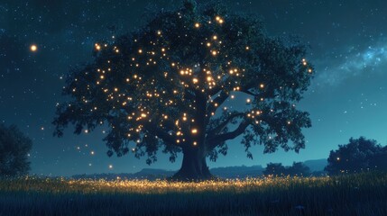 an image of a tree lit up at night with stars in the sky above it