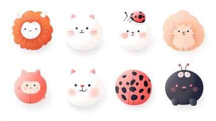 Cute cartoon animals, various species, flat design, digitally rendered. Possible use children's book illustrations