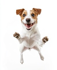 A cheerful dog jumping with joy, paws extended and tail wagging, set against a white background that highlights its playful nature. --ar 5:6 --v 6.1 Job ID: 5c94bef6-2acf-44d9-aae5-ada147b0fd73