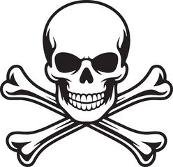 Black and white graphic of a skull and crossbones symbol often representing pirates, danger, or adventure. It includes clear, detailed lines showing a menacing skull on crossed bones.