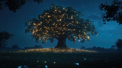 an image of a tree lit up at night with stars in the sky above it