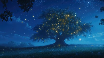 an image of a tree lit up at night with stars in the sky above it