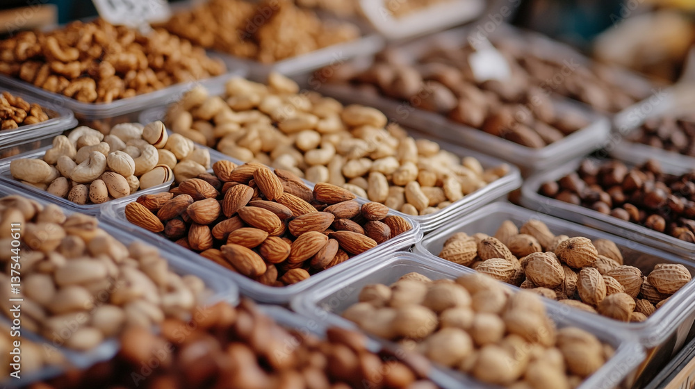 Poster an assortment of nuts in plastic containers displayed at a market stall with various types of nuts