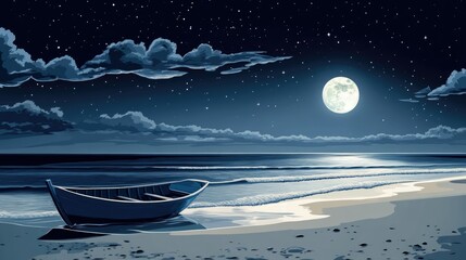 A serene night scene depicting a wooden rowboat resting on the shore