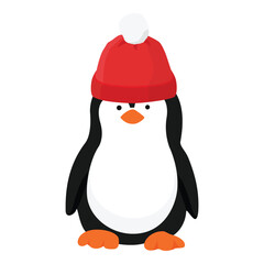 Vector icon little penguin. Cute baby penguin. Penguin cartoon character in knitted winter hat with pompom