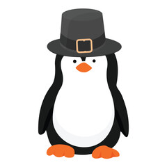 Vector icon little penguin. Cute baby penguin. Penguin cartoon character in traditional Thanksgiving day pilgrim hat.