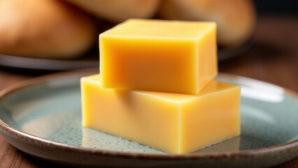 Two Yellow Cheese Cubes On Plate